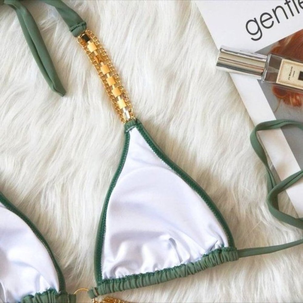 Callie Sage: Dangling Leaves & Rhinestone Scrunch Butt Green Triangle Bikini L - Picture 7 of 8